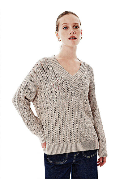 Knitss Işıltılı Ajur Örgü Bej Relax Fit Triko