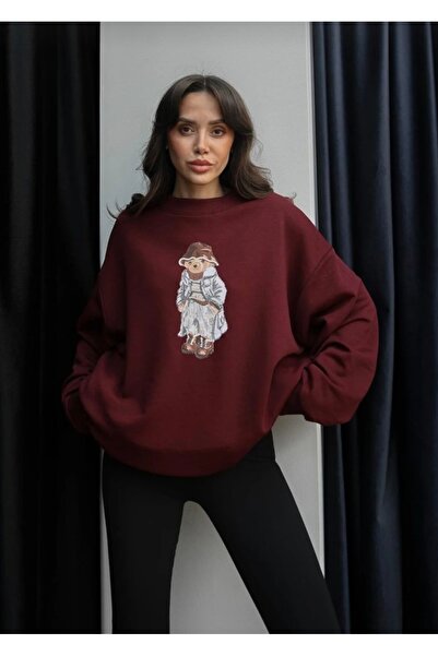 VIORA FASHION Burgundy Coat Teddy Printed Sweatshirt