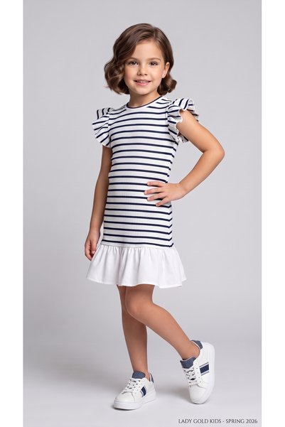 Generic Brand Girl's Striped Ruffle Sleeve Dress with Flounces at the Hem
