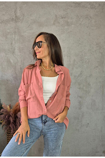 Butik Oversize Cepli Rahat Kalıp Kadın Gömlek GÜL KURUSU