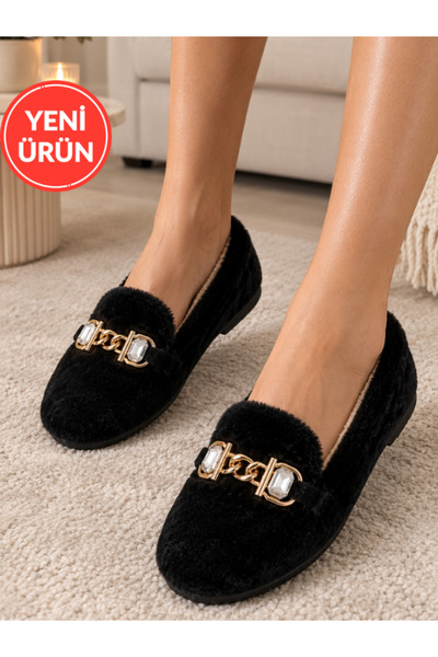 STOCON Luna Stone Chain Detailed Plush Women's Home Shoes Home Slippers Dowry...