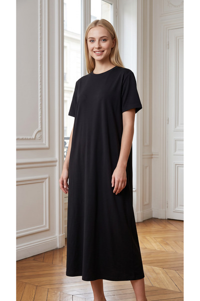 3B Stil Crew Neck Midi Length Comfortable Fit Short Sleeve Dress