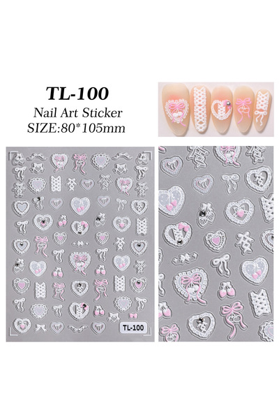 Choice1 TL-100 1 Set Rhinestone Lace Heart 5D Embossed Nail Stickers Pink Whi...
