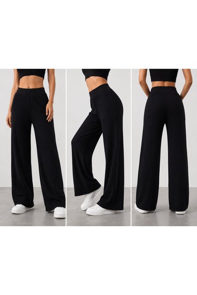 EGEMS TRİKO Women's Comfortable and Stylish Ribbed High Waist Knitwear Pants