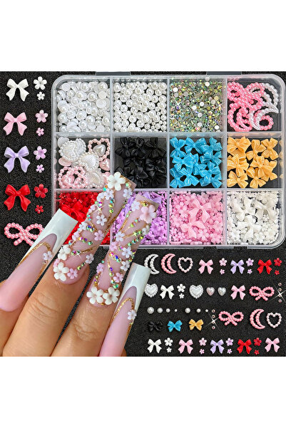 Choice 2 12/24Grids 3D Colorful Flower Bow Nail Charms Mixed Gemstones Pearls...