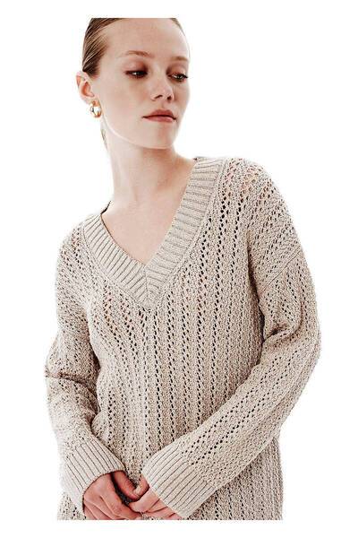 Knitss Işıltılı Ajur Örgü Bej Relax Fit Triko