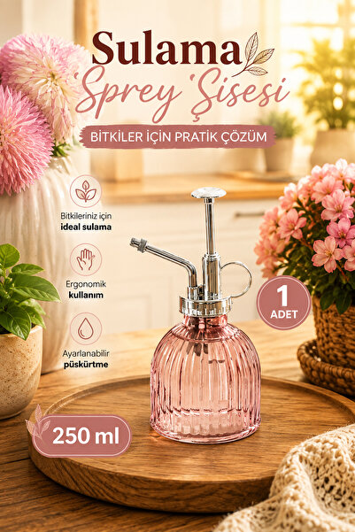 Porsima 15731 Pembe Vintage Cam Bitki Sulama Şişesi Oda Kokusu Dağıtıcı Çok Amaçlı Boş Sprey Şişe 250 ml