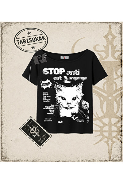 Tarzsokak Gothic & Grunge ULIČNA ODEĆA STOP ANTI CAT Majica sa lađastim izrezom