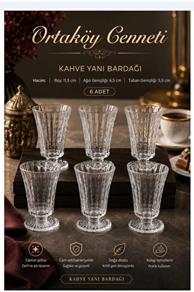 ORTAKÖYCENNETİ Coffee Side Glass Cup with Glass Base 6 Pcs. 110 Cc, Length 11...