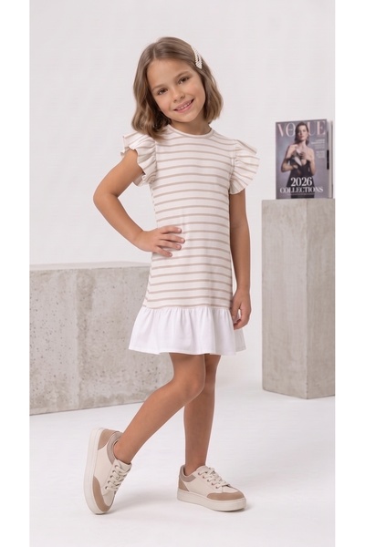 Generic Brand Girl's Striped Ruffle Sleeve Dress with Flounces at the Hem