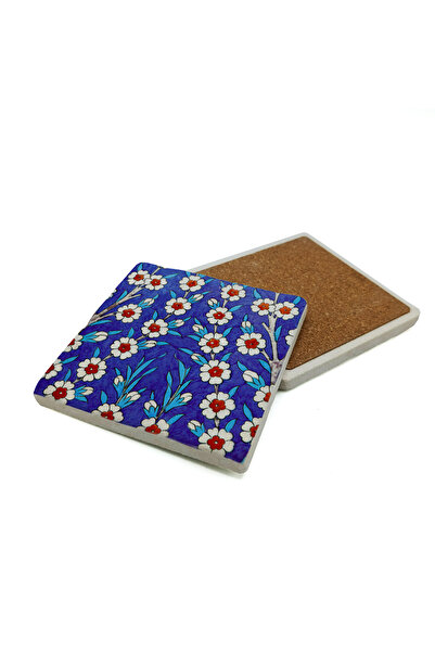 Sadrazam Ottoman Iznik Floral Tile Pattern Printed Natural Stone Coaster 10X1...