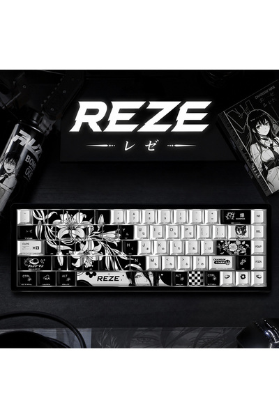 silabor 74 Tuş REZE Anime Temalı PBT Tuş Takımı – Siyah Beyaz Desenli Mekanik Klavye Keycaps Seti