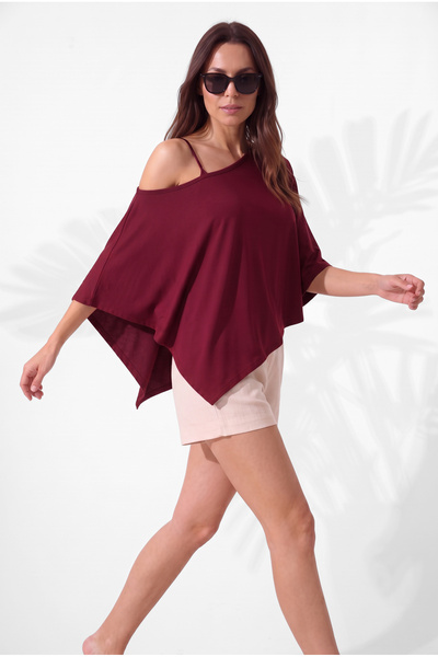 OLYNN Women's Burgundy Off-Shoulder Poncho Blouse and String Strap Tank Top T...