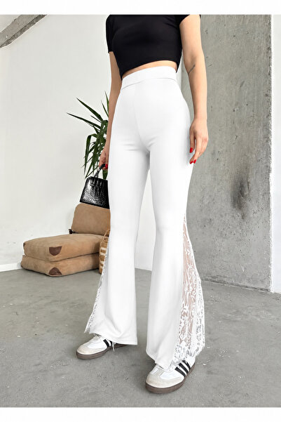 ÇEÇİM Women's Spanish Leg Slit Lace Detailed Scuba Leggings Trousers Zyn-58658