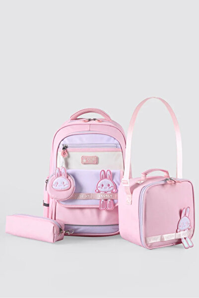 ÇÇS Girl's 3-Piece School Bag Set with Rabbit Figure - Backpack, Lunch Bag, P...