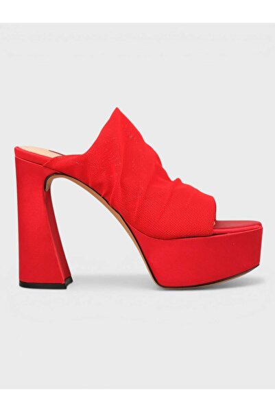 Sadık Yılmaz Women's Summer 15cm Thick Heeled Slippers - 574 1141 - Red Satin...