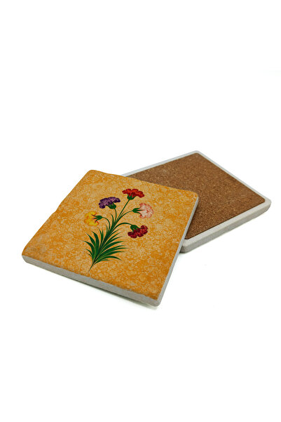 Sadrazam 5 Floral Clove Ebru Printed Natural Stone Coaster 10X10 1G-5Karanfil...
