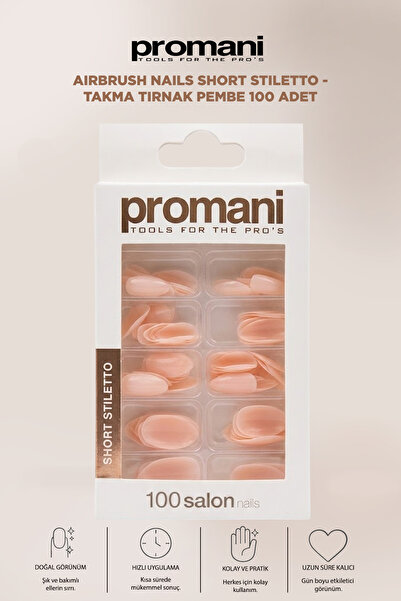 Promani Airbrush Nails Short Stiletto - Takma Tırnak Pembe 100 Adet