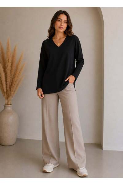 Sortie Women's V-Neck Comfortable Fit Draped Modal Long Sleeve T-Shirt Black