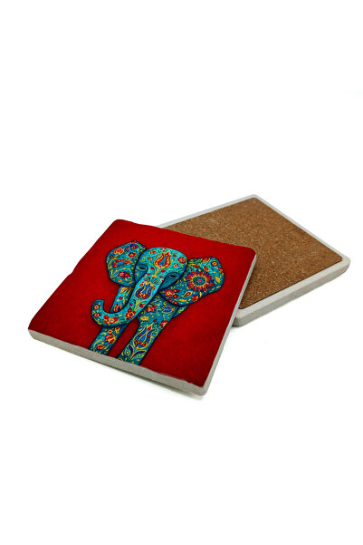 Sadrazam Motifed Elephant Printed Natural Stone Coaster 10X10 1G-Fil3