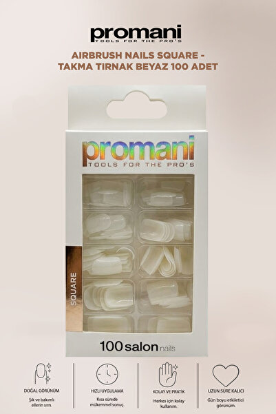 Promani Airbrush Nails Square - Takma Tırnak Beyaz 100 Adet