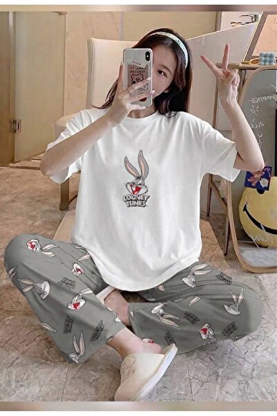 kuzey homewear Short Sleeve Grey Bunny Dream Pajama Set