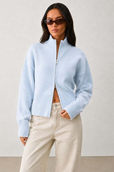 Madmext Baby Blue Double Zipper Stand Collar Women's Knitwear Cardigan Mg2505