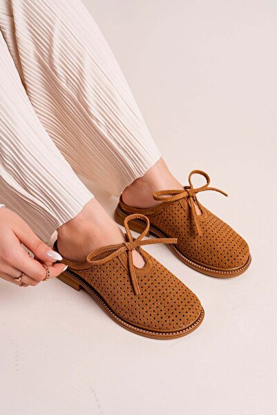 SEFERİ Women's Mustard Yellow Perforated Comfortable Heeled Ribbon Slippers