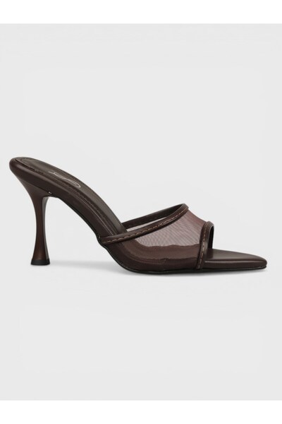 Sadık Yılmaz Women's Summer 8cm Thin Heeled Slippers - 230 3162 - Brown Mesh