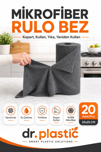 dr.plastic Gri Mikrofiber Rulo Bez 20 Yaprak 25x25 cm Kopar Kullan, Yıkanabil...
