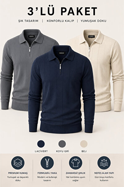Edwox Men's Polo Collar Sweater 3-Piece Set T4 Edwtk195