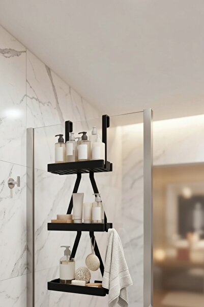 Sansayn3d Siyah 3 Katlı Duşakabin Asmalı Banyo Rafı - Delmesiz Vidalamasız Şa...