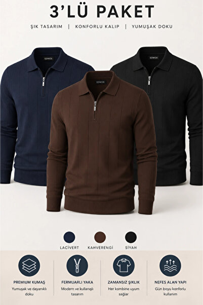 Edwox Men's Polo Collar Sweater 3-Piece Set T5 Edwtk195