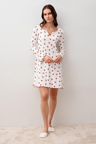 Artış Long Sleeve Cherry Patterned 100% Cotton Short Nightgown