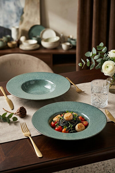 Keramika Pasta Plate Gourmet Handart Reactive Antique Green 28cm 2 Pieces