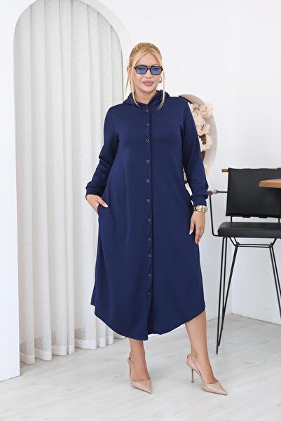 Siyezen Plus Size Button Detailed Hooded Modal Fabric Dress