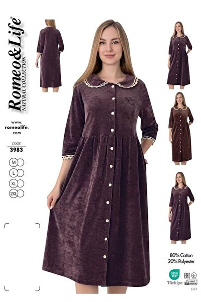 ROMEO LİFE Women's Cotton Blend Velvet Baby Collar Buttoned Velvet Dress 3983