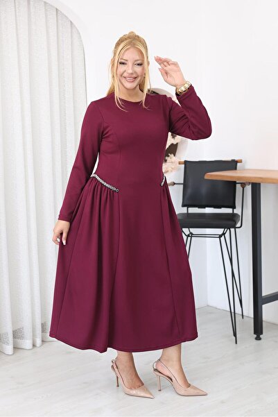 Siyezen Plus Size Pleated Dress with Stone Detail in Modal Fabric
