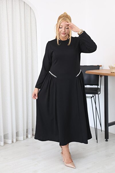 Siyezen Plus Size Pleated Dress with Stone Detail in Modal Fabric