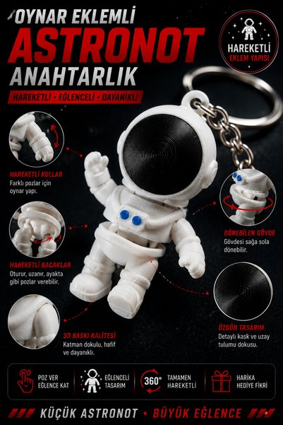 Vexa Aksesuar Boxed Movable Jointed Astronaut Keychain Bag Accessory 360 °   Animated 3D Printing Gift Product