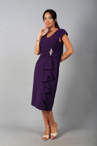 By Saygı Women's V-Neck Lined Draped and Stone Detailed Flounce Crepe Midi Dress