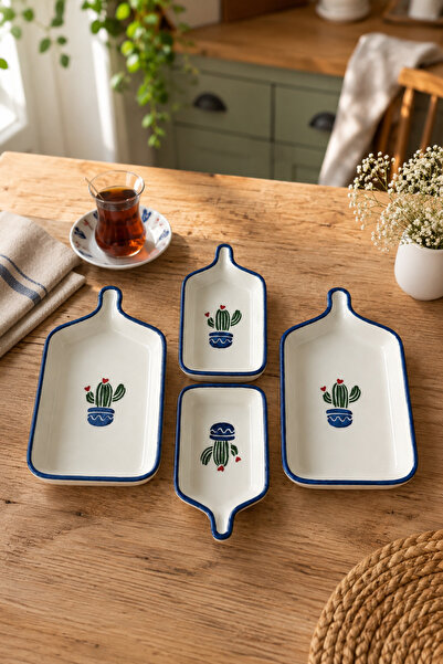 Trouvaille Cactus Series 4 Piece Ceramic Rectangular Breakfast Appetizer Oliv...