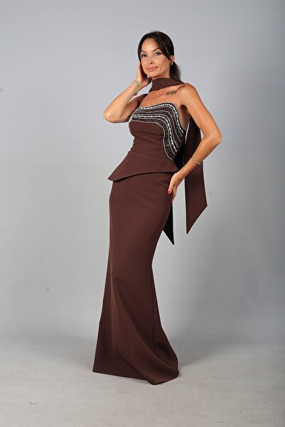By Saygı Women's Asymmetrical Strapless Collar Lined Crepe Long Dress with St...