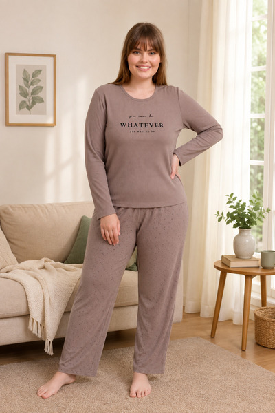 Vesperia Kadın Büyük Beden Battal Boy Cares Kumaş Uzun Kollu Pijama Takımı