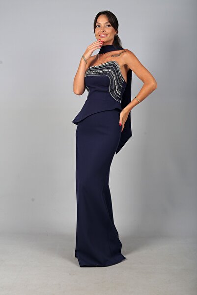 By Saygı Women's Asymmetrical Strapless Collar Lined Crepe Long Dress with St...