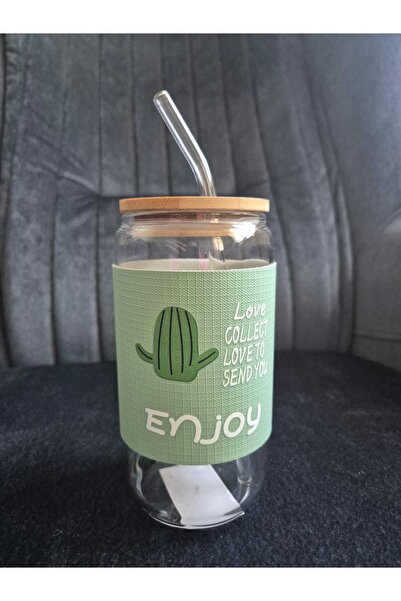 Lider MAGNESİA 550 ML ISIYA DAYANIKLI CAM PİPETLİ BAMBU KAPAKLI BARDAK SOĞUK KAHVE BARDAĞI KAKTÜS DESENLİ