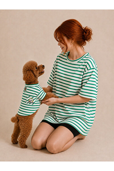 Lokums Striped Combed Cotton and Dog Combination T-Shirt Set Dog Outfit