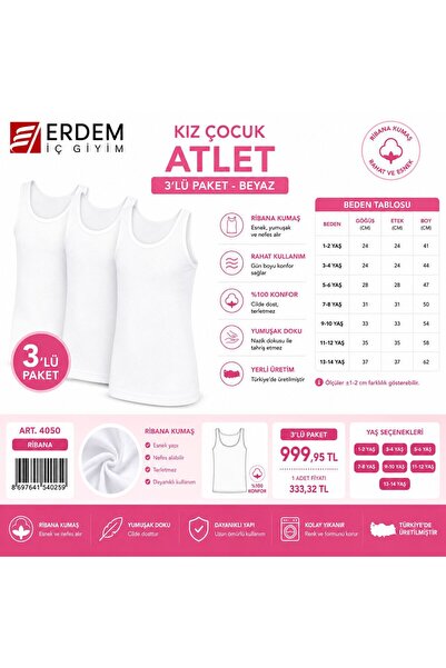 ERDEM İÇ GİYİM Erdem Tricou cu bretele late, alb, cu nervuri, pentru fete, 3 ...