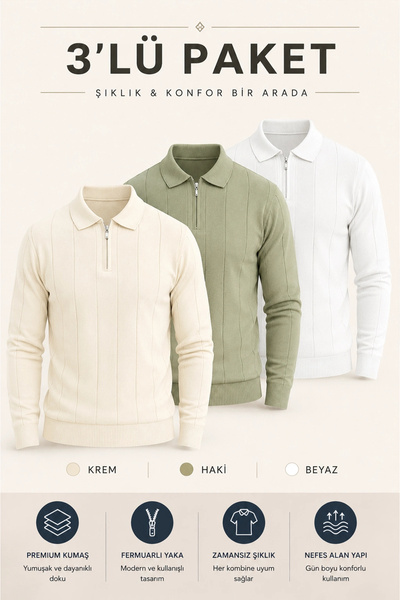 Edwox Men's Polo Collar Sweater 3-Piece Set T2 Edwtk195
