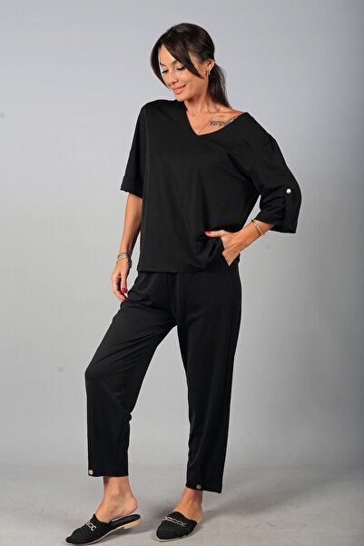 By Saygı Women's V-Neck Sleeve Epaulet Blouse Elastic Waist Pocketed Pants Bu...